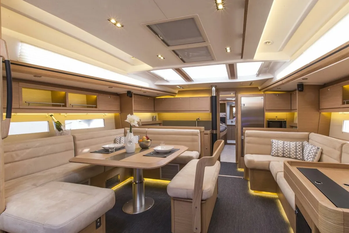 Salon of POSEIDON, a Dufour 56 Exclusive sailboat at Sithonia Municipal Unit, Greece