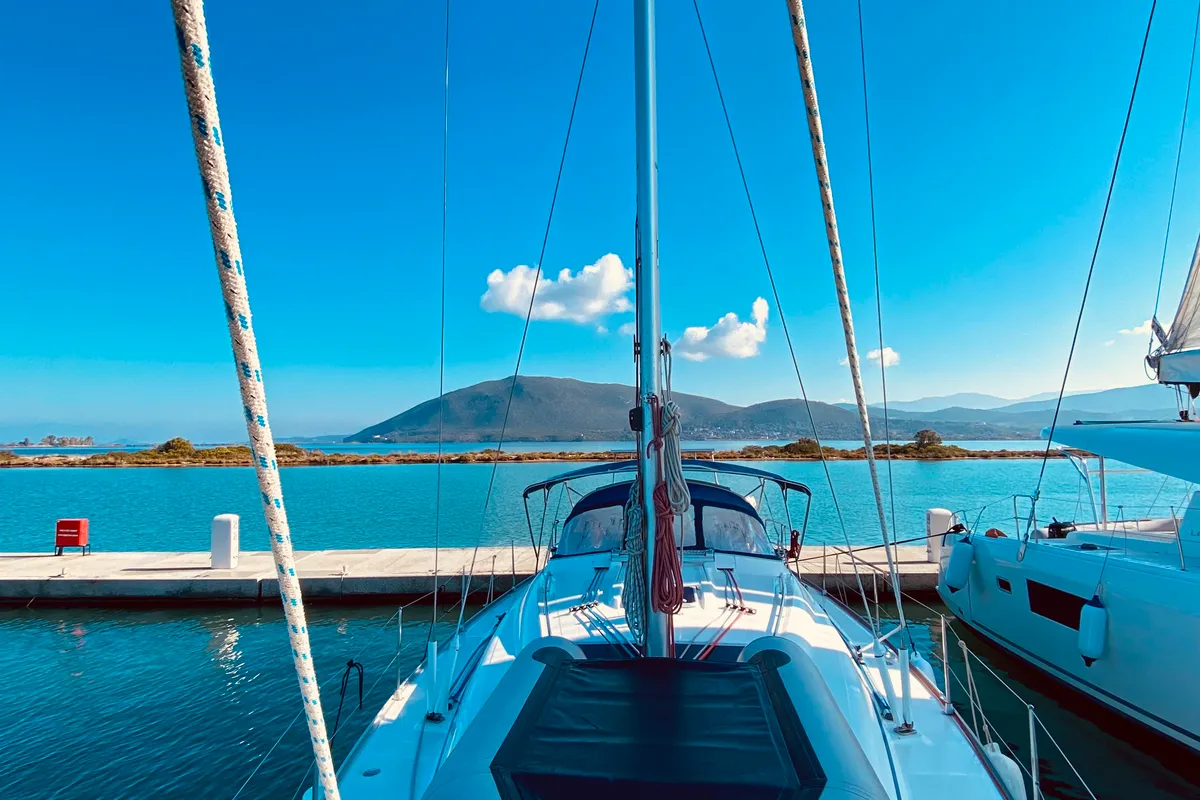 Exterior view of Iro, a Bavaria 42 Cruiser sailboat at Municipal Unit of Lefkada, Greece