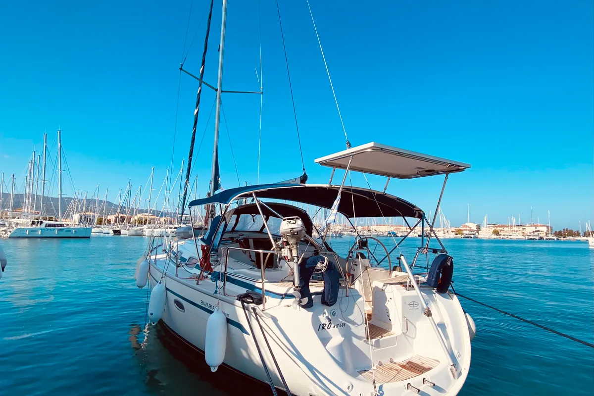 Exterior view of Iro, a Bavaria 42 Cruiser sailboat at Municipal Unit of Lefkada, Greece