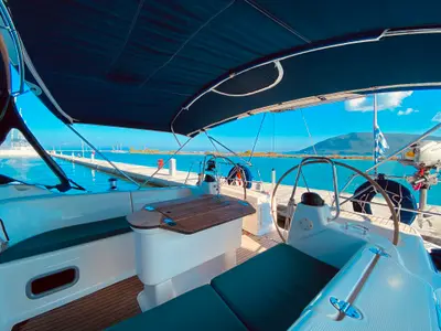 Deck of Iro, a Bavaria 42 Cruiser sailboat at Municipal Unit of Lefkada, Greece