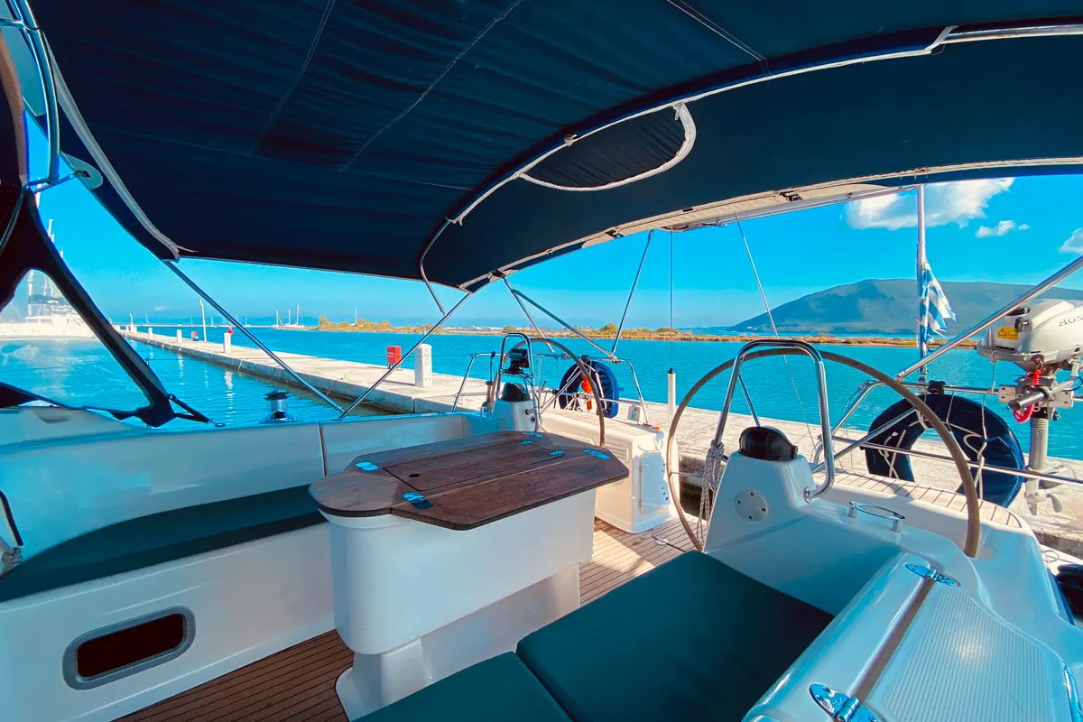 Deck of Iro, a Bavaria 42 Cruiser sailboat at Municipal Unit of Lefkada, Greece