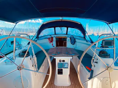 Cockpit of Iro, a Bavaria 42 Cruiser sailboat at Municipal Unit of Lefkada, Greece