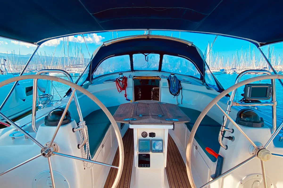 Cockpit of Iro, a Bavaria 42 Cruiser sailboat at Municipal Unit of Lefkada, Greece