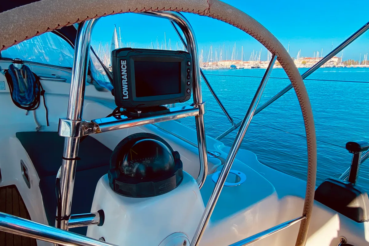 Cockpit of Iro, a Bavaria 42 Cruiser sailboat at Municipal Unit of Lefkada, Greece