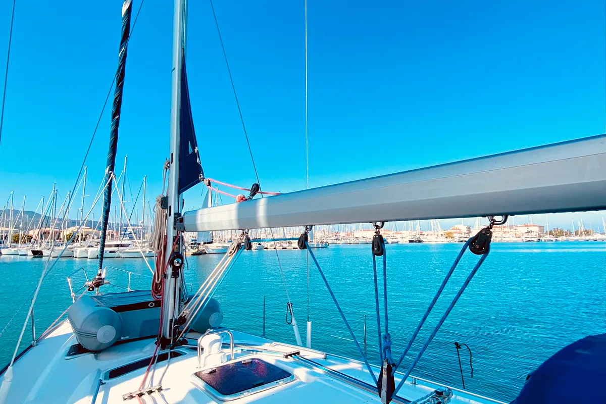 Deck of Iro, a Bavaria 42 Cruiser sailboat at Municipal Unit of Lefkada, Greece