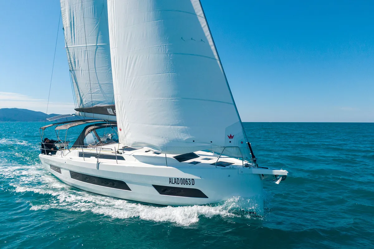 Exterior view of Tamata, a Dufour 41 sailboat at Piombino, Italy