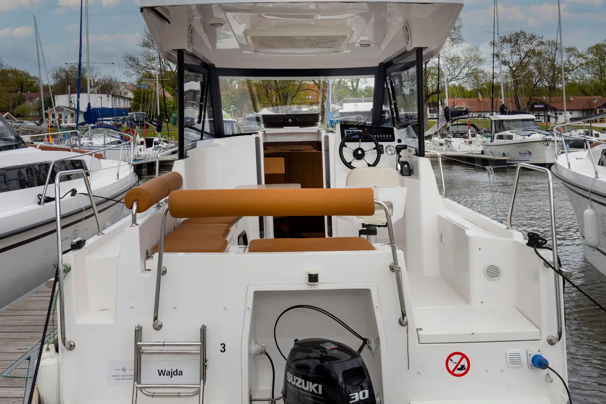 Deck of Bareja, a Northman Nexus Revo 870 Prestige motorboat at Sztynort, Poland