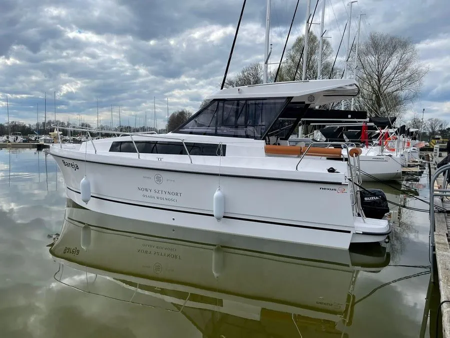 Exterior view of Bareja, a Northman Nexus Revo 870 Prestige motorboat at Sztynort, Poland