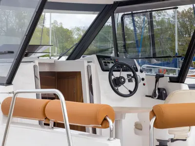 Cockpit of Bareja, a Northman Nexus Revo 870 Prestige motorboat at Sztynort, Poland