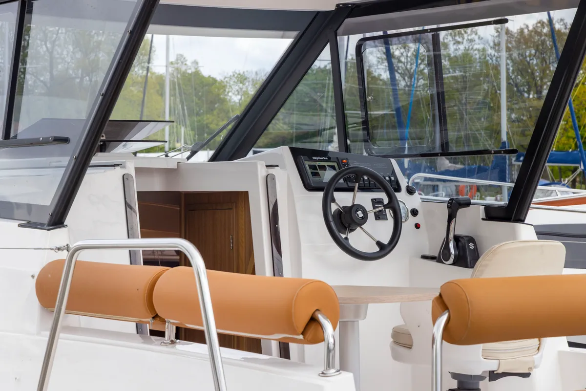 Cockpit of Bareja, a Northman Nexus Revo 870 Prestige motorboat at Sztynort, Poland