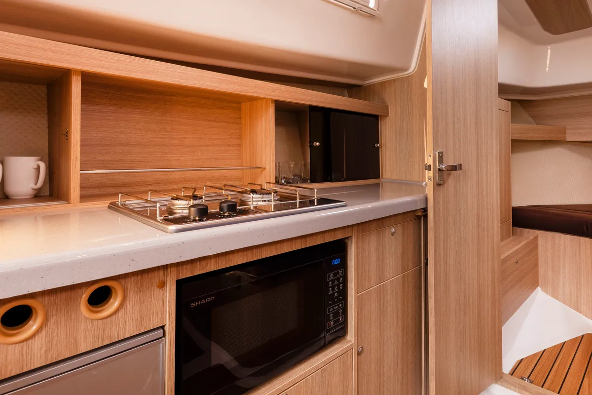 Galley of Bareja, a Northman Nexus Revo 870 Prestige motorboat at Sztynort, Poland