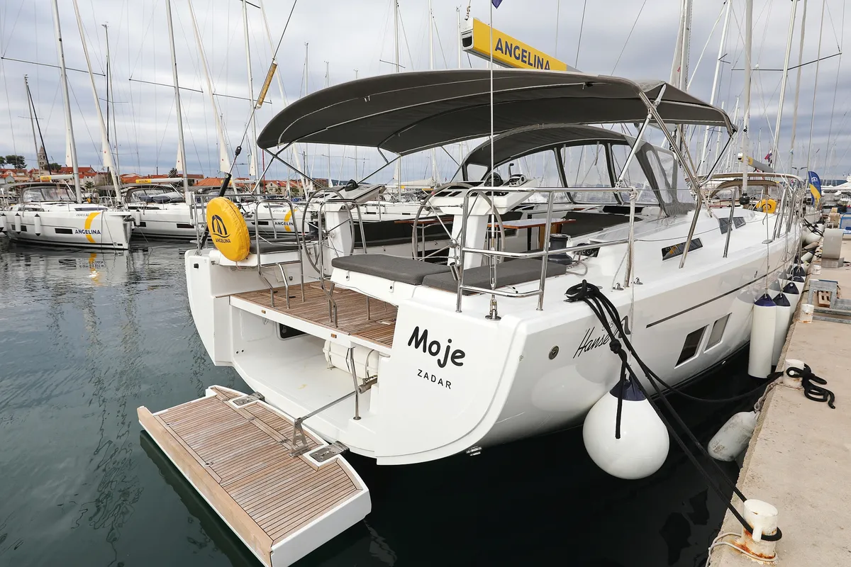Exterior view of Moje, a Hanse 548 sailboat at Grad Trogir, Croatia
