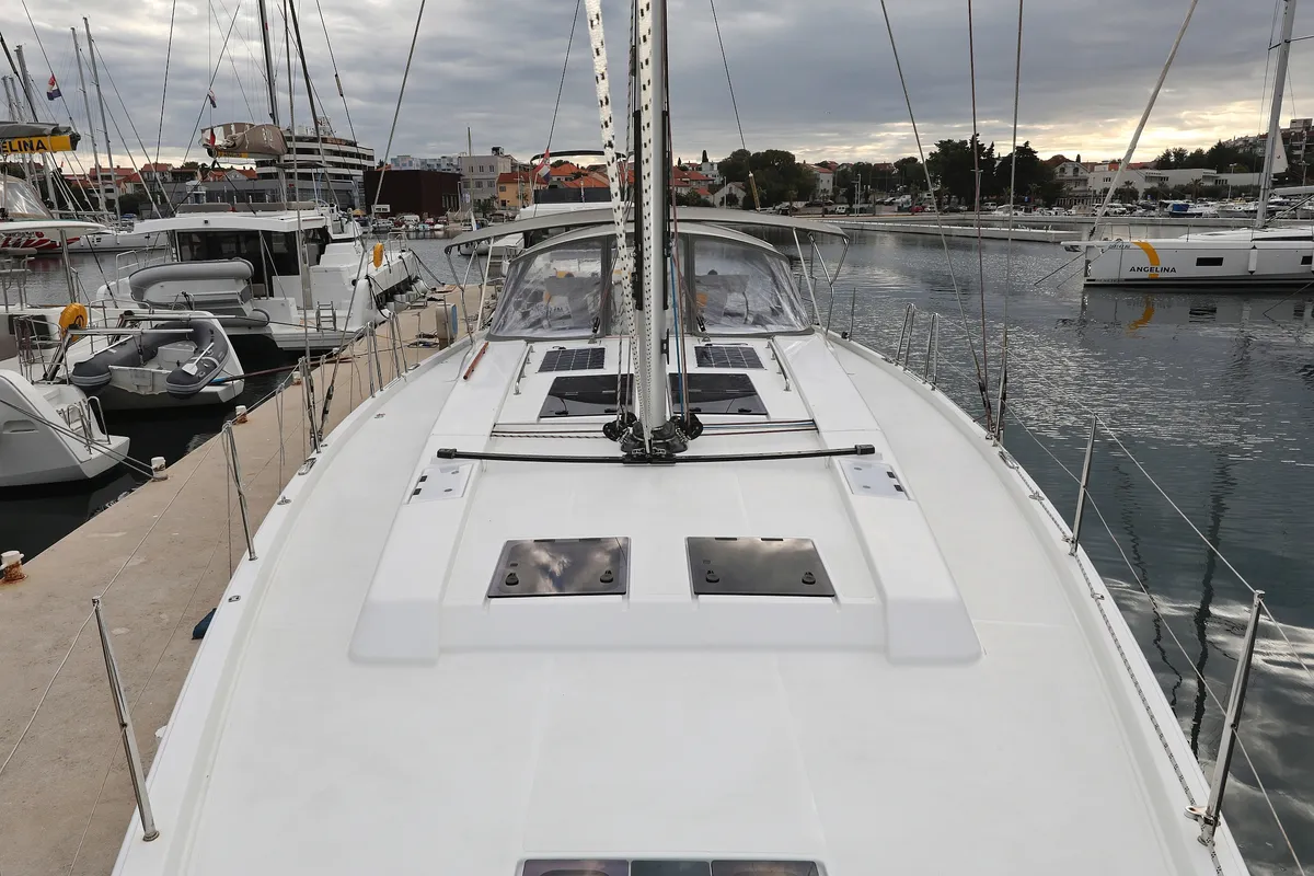 Deck of Moje, a Hanse 548 sailboat at Grad Trogir, Croatia