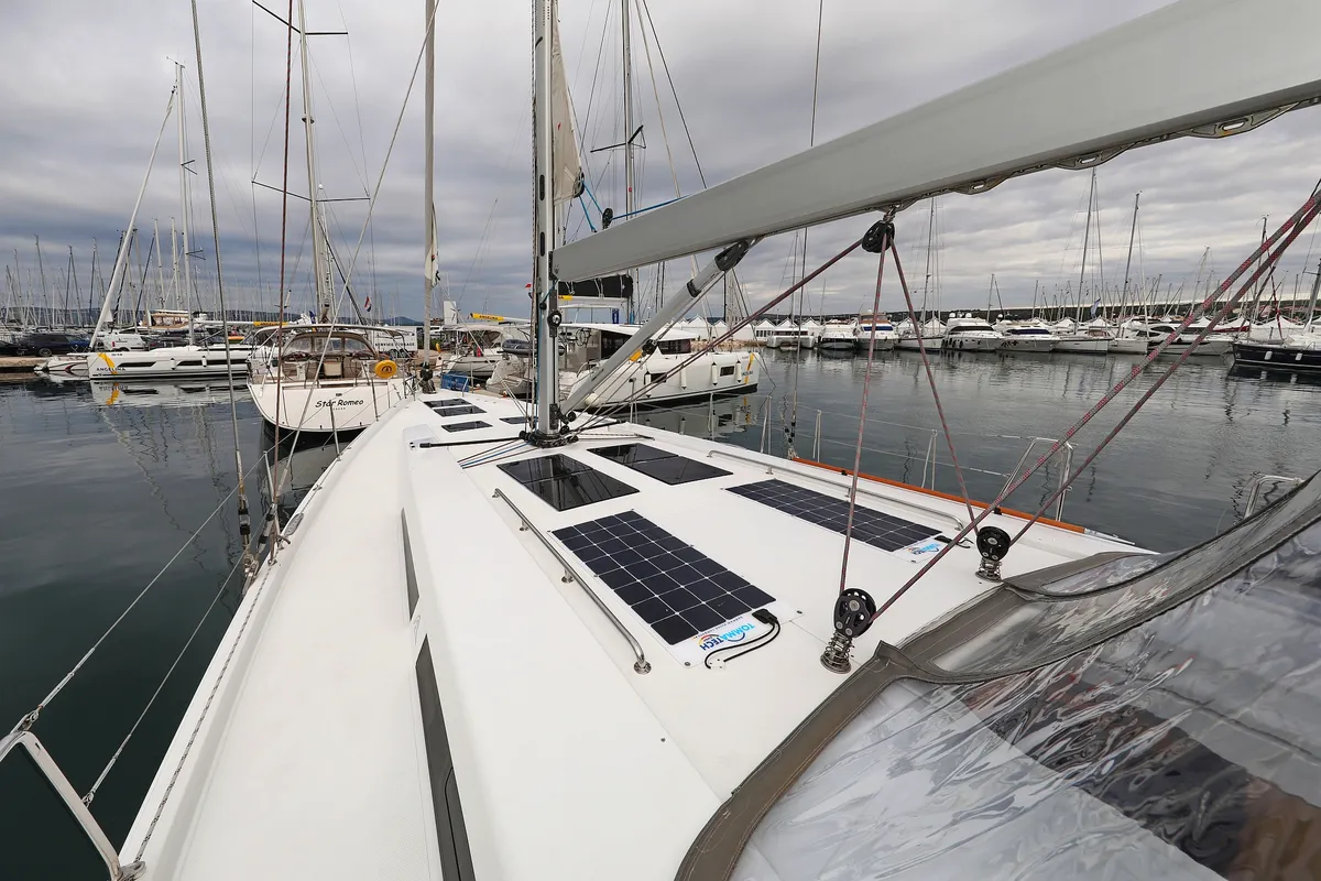 Deck of Moje, a Hanse 548 sailboat at Grad Trogir, Croatia