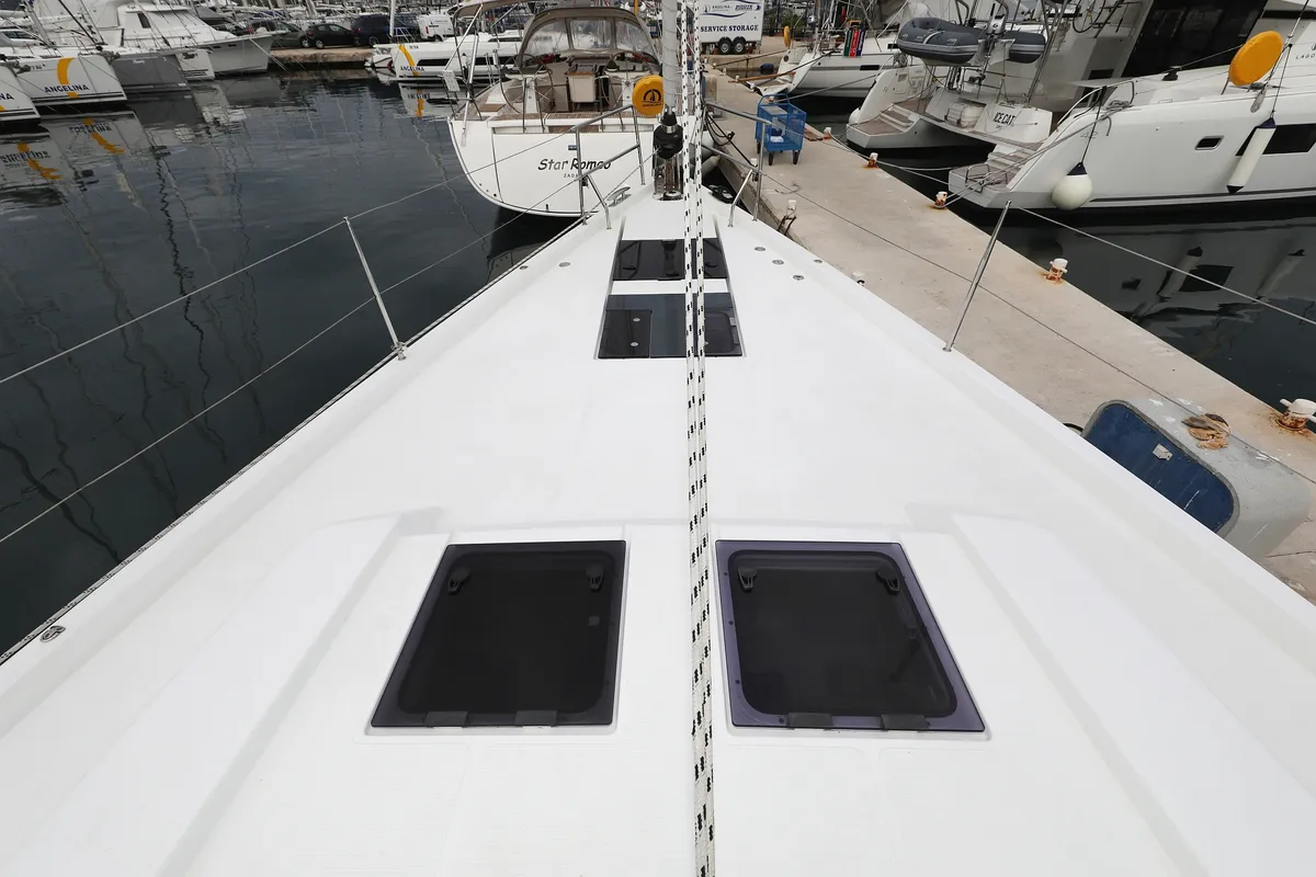 Deck of Moje, a Hanse 548 sailboat at Grad Trogir, Croatia