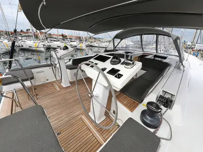Cockpit of Moje, a Hanse 548 sailboat at Grad Trogir, Croatia