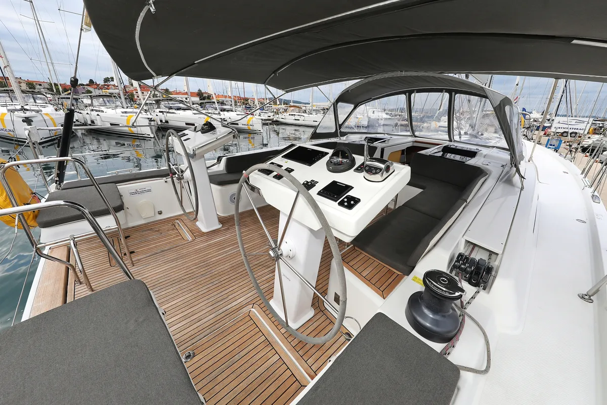Cockpit of Moje, a Hanse 548 sailboat at Grad Trogir, Croatia