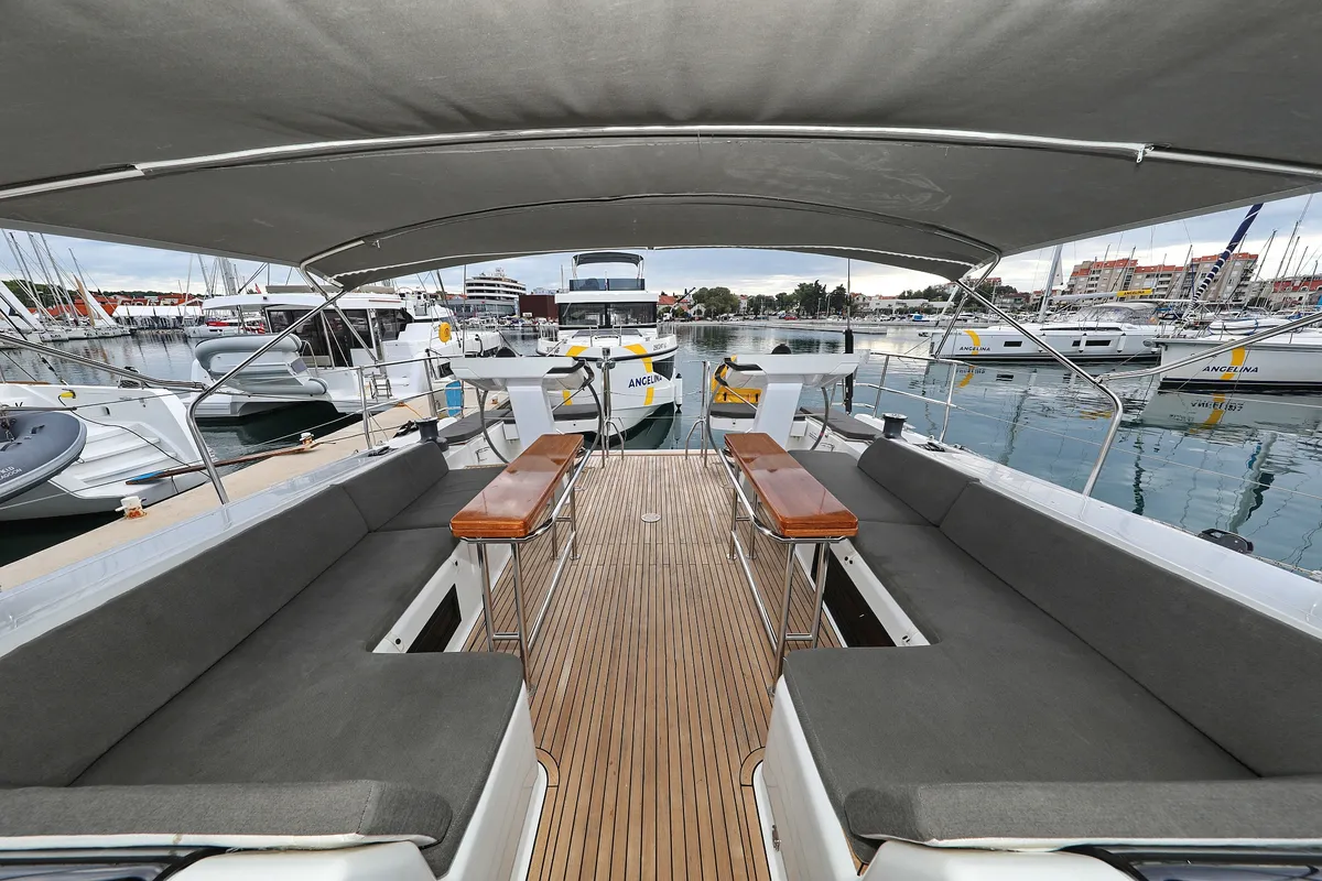 Deck of Moje, a Hanse 548 sailboat at Grad Trogir, Croatia