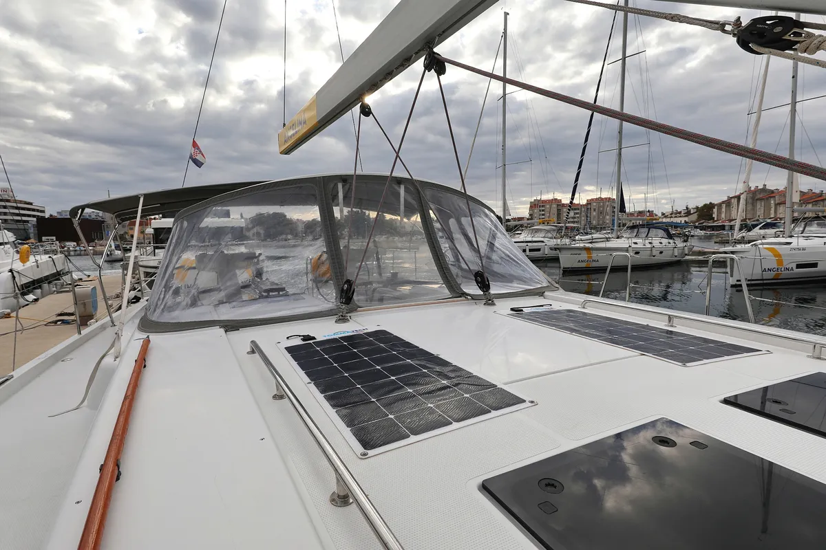 Deck of Moje, a Hanse 548 sailboat at Grad Trogir, Croatia