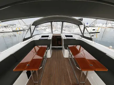 Deck of Moje, a Hanse 548 sailboat at Grad Trogir, Croatia