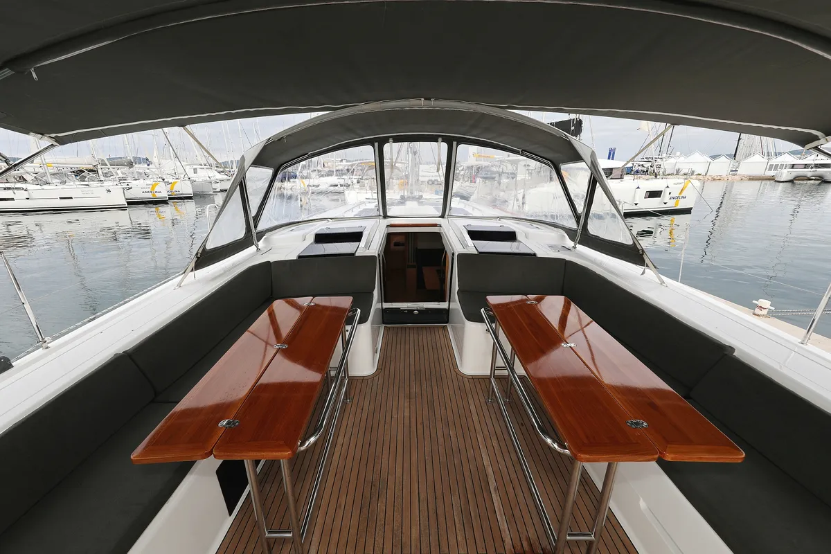 Deck of Moje, a Hanse 548 sailboat at Grad Trogir, Croatia