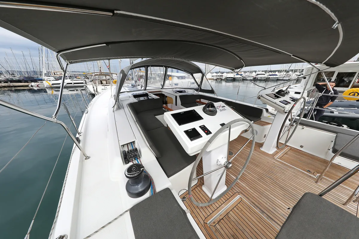 Cockpit of Moje, a Hanse 548 sailboat at Grad Trogir, Croatia