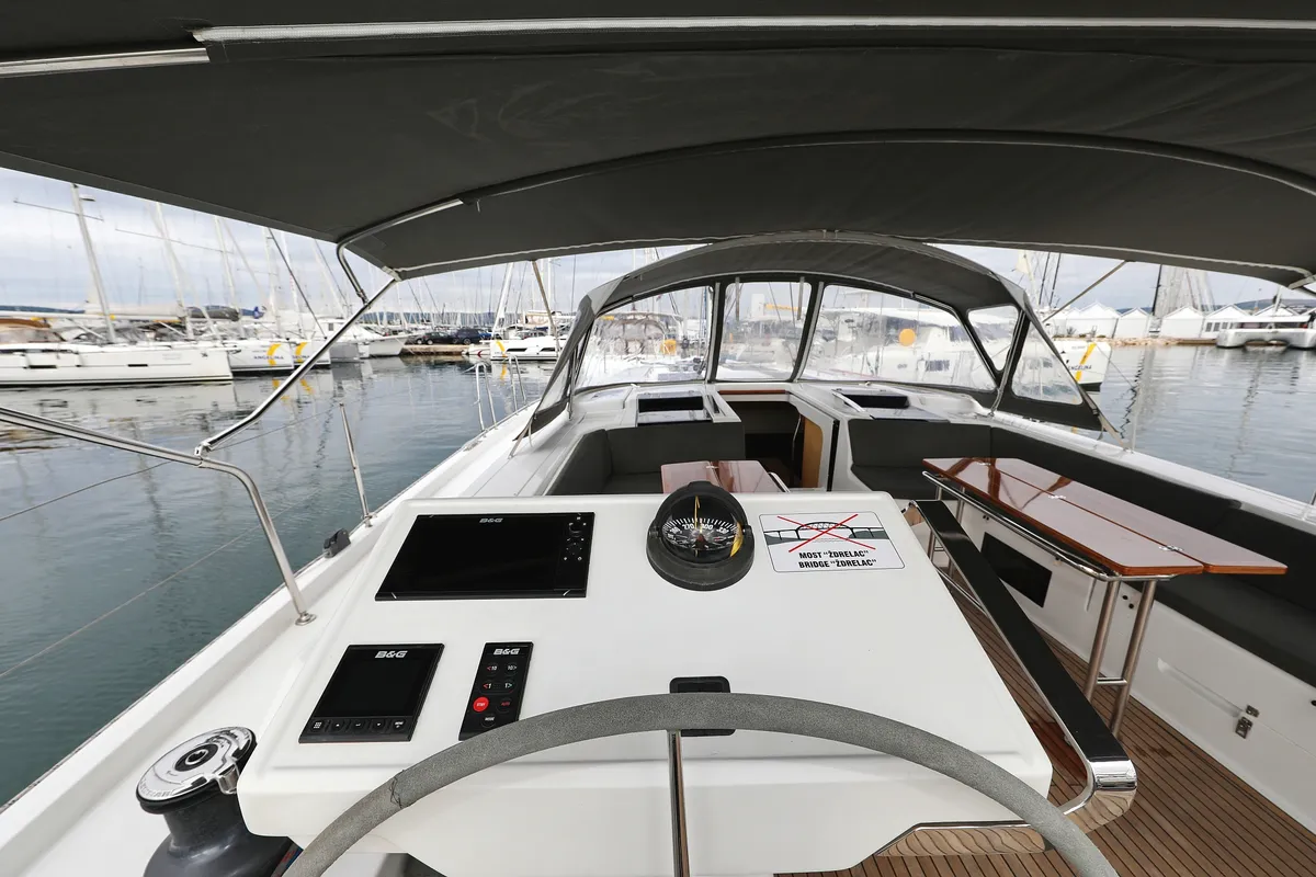 Cockpit of Moje, a Hanse 548 sailboat at Grad Trogir, Croatia