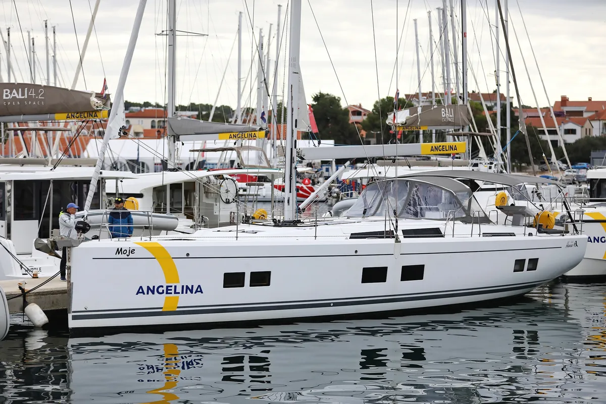 Exterior view of Moje, a Hanse 548 sailboat at Grad Trogir, Croatia