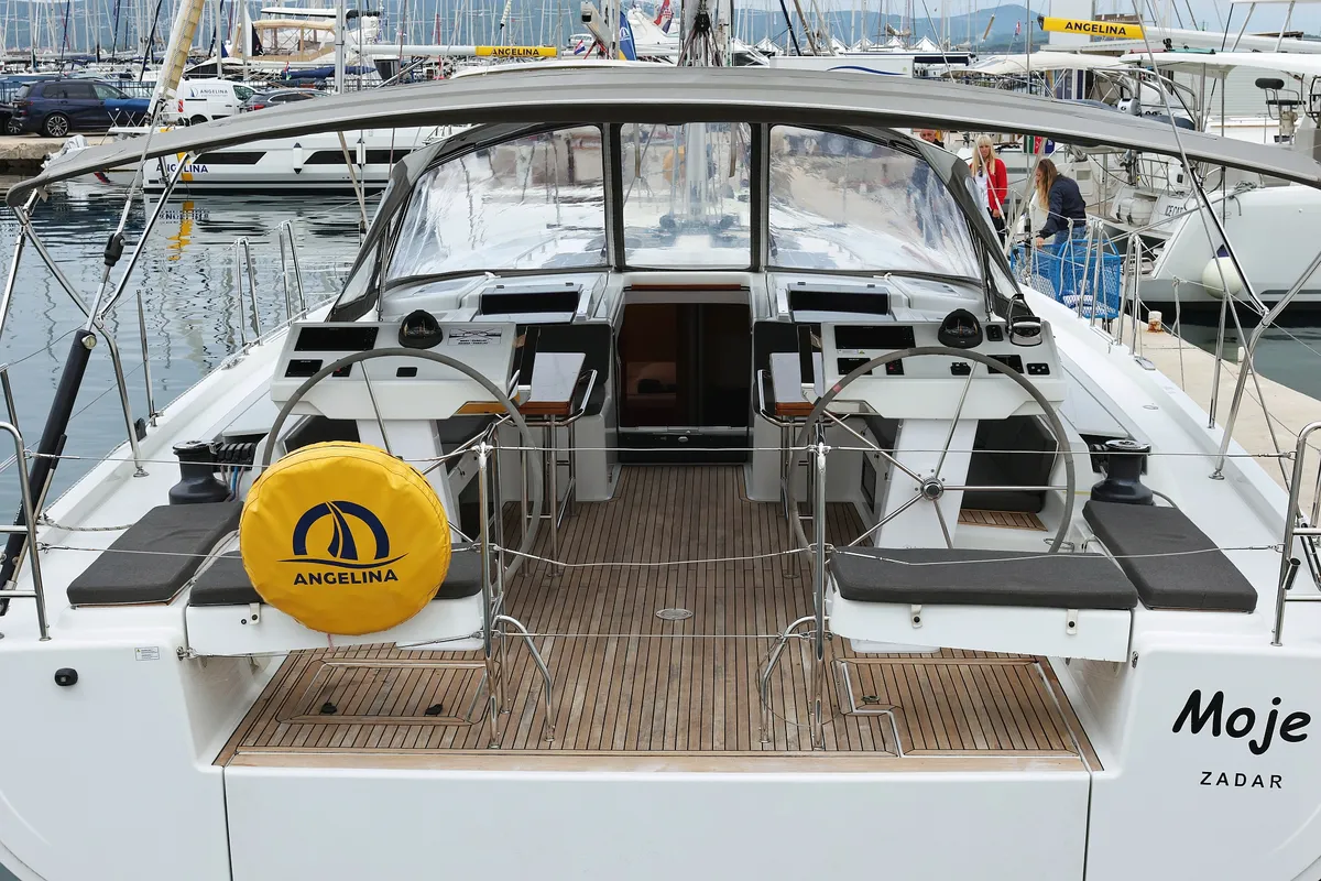 Deck of Moje, a Hanse 548 sailboat at Grad Trogir, Croatia