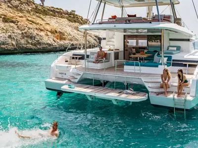 Deck of Adriatic Pearl, a Lagoon 55 catamaran at Grad Kaštela, Croatia