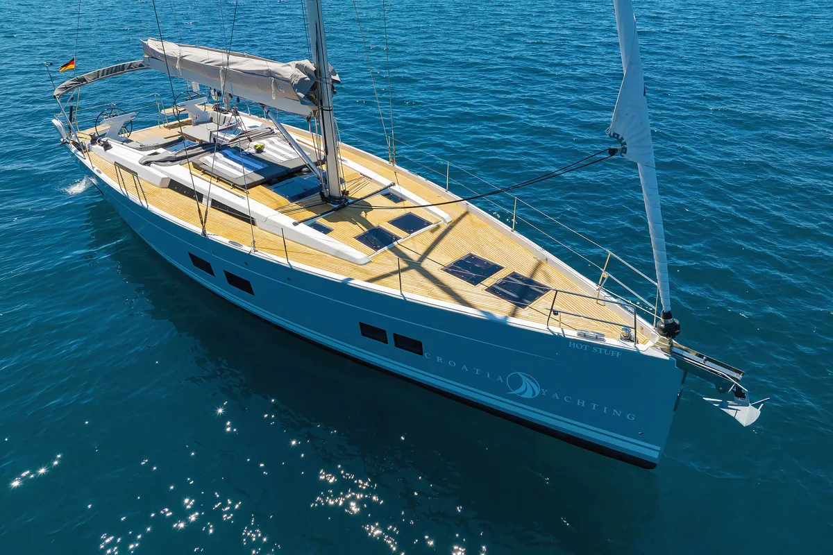 Exterior view of Hot Stuff, a Hanse 588 sailboat at Grad Kaštela, Croatia