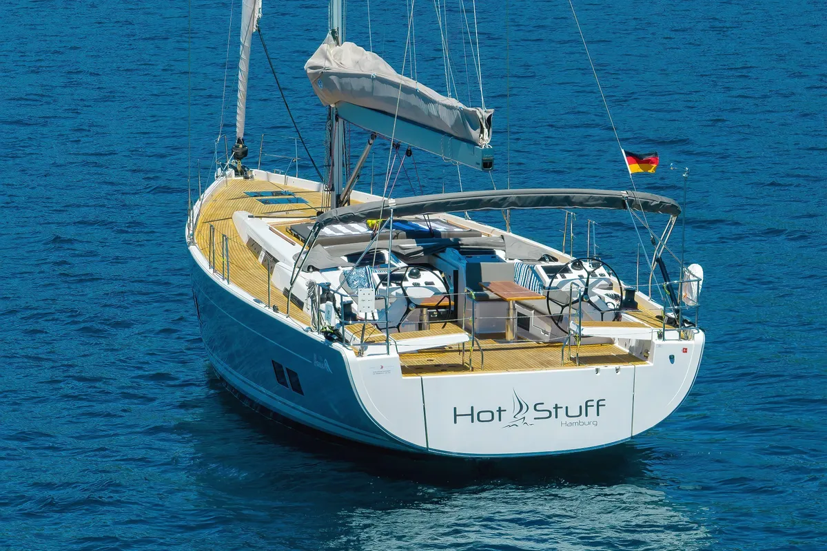 Exterior view of Hot Stuff, a Hanse 588 sailboat at Grad Kaštela, Croatia