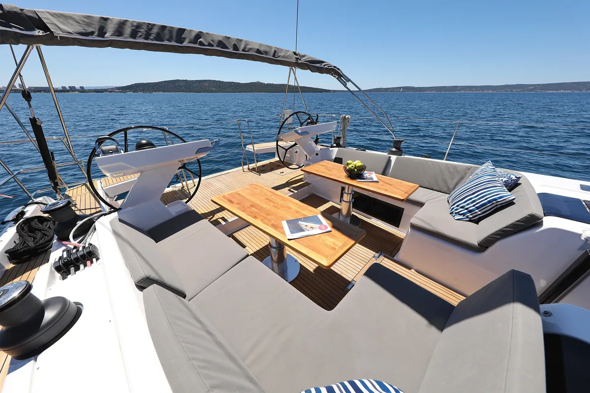 Deck of Hot Stuff, a Hanse 588 sailboat at Grad Kaštela, Croatia