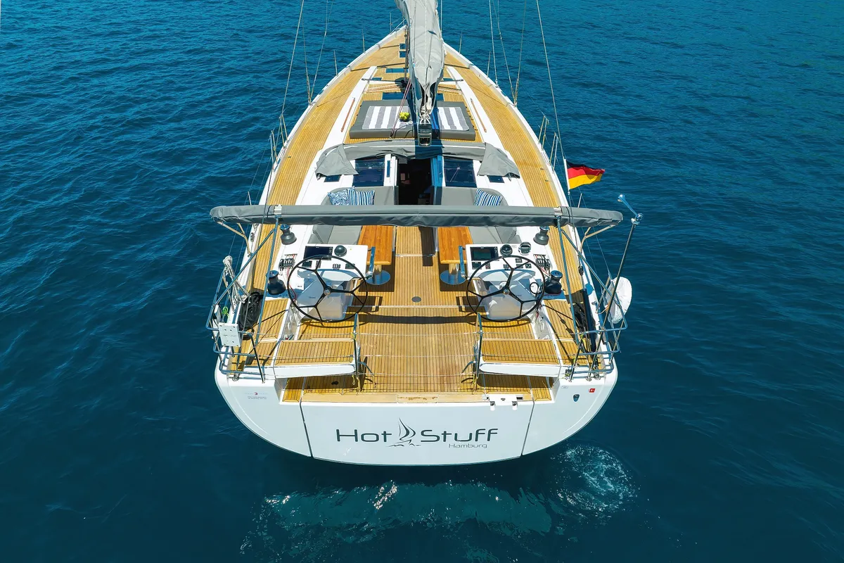 Exterior view of Hot Stuff, a Hanse 588 sailboat at Grad Kaštela, Croatia