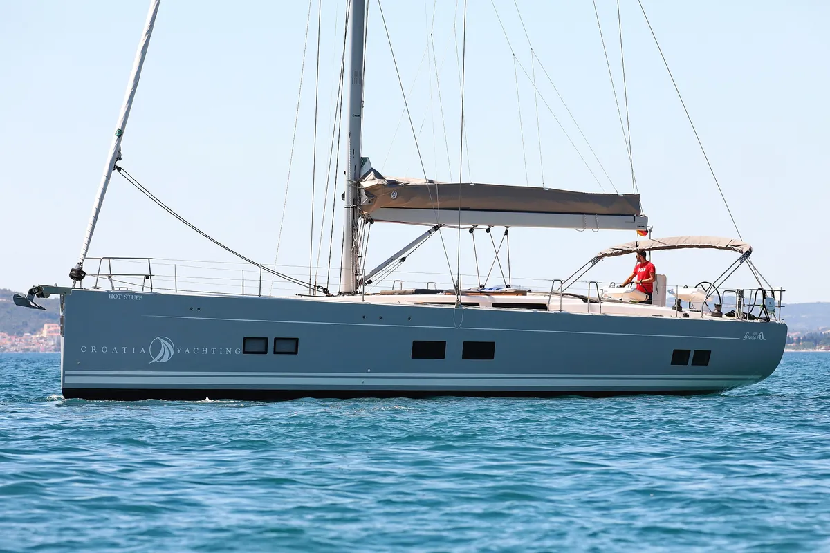 Exterior view of Hot Stuff, a Hanse 588 sailboat at Grad Kaštela, Croatia