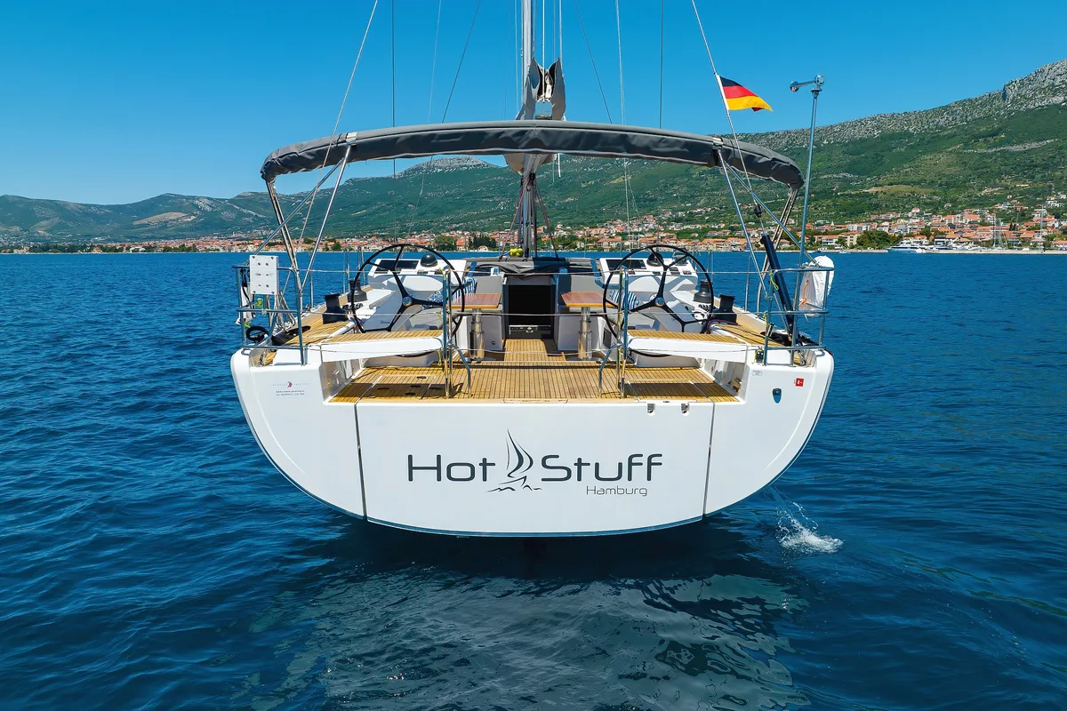 Exterior view of Hot Stuff, a Hanse 588 sailboat at Grad Kaštela, Croatia