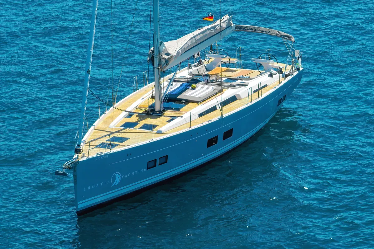 Exterior view of Hot Stuff, a Hanse 588 sailboat at Grad Kaštela, Croatia