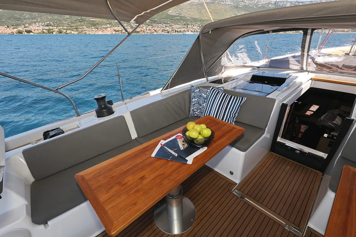 Cockpit of Hot Stuff, a Hanse 588 sailboat at Grad Kaštela, Croatia