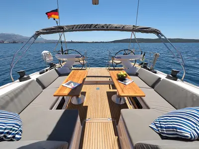 Cockpit of Hot Stuff, a Hanse 588 sailboat at Grad Kaštela, Croatia