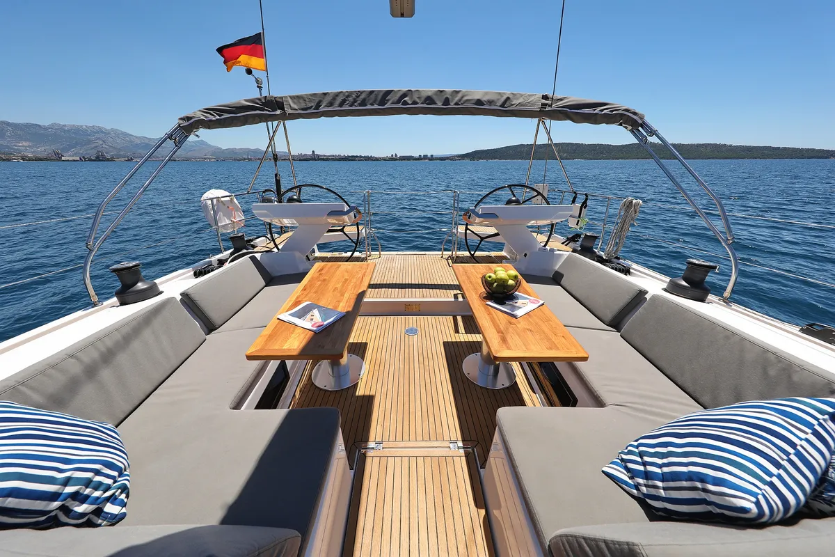 Cockpit of Hot Stuff, a Hanse 588 sailboat at Grad Kaštela, Croatia