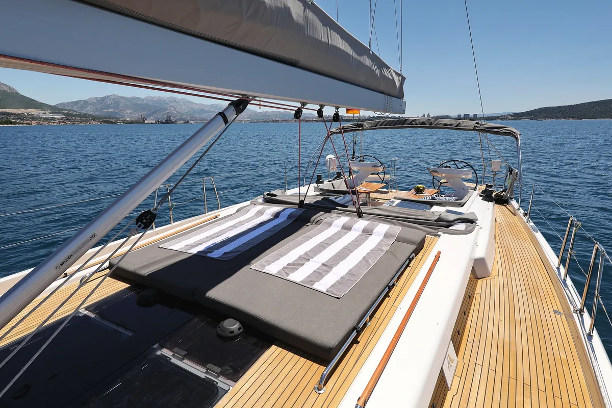 Deck of Hot Stuff, a Hanse 588 sailboat at Grad Kaštela, Croatia