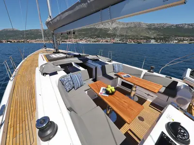 Deck of Hot Stuff, a Hanse 588 sailboat at Grad Kaštela, Croatia