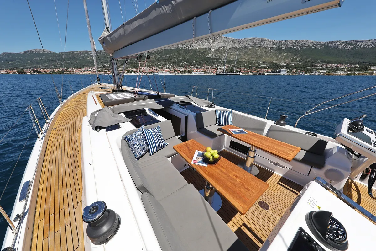 Deck of Hot Stuff, a Hanse 588 sailboat at Grad Kaštela, Croatia