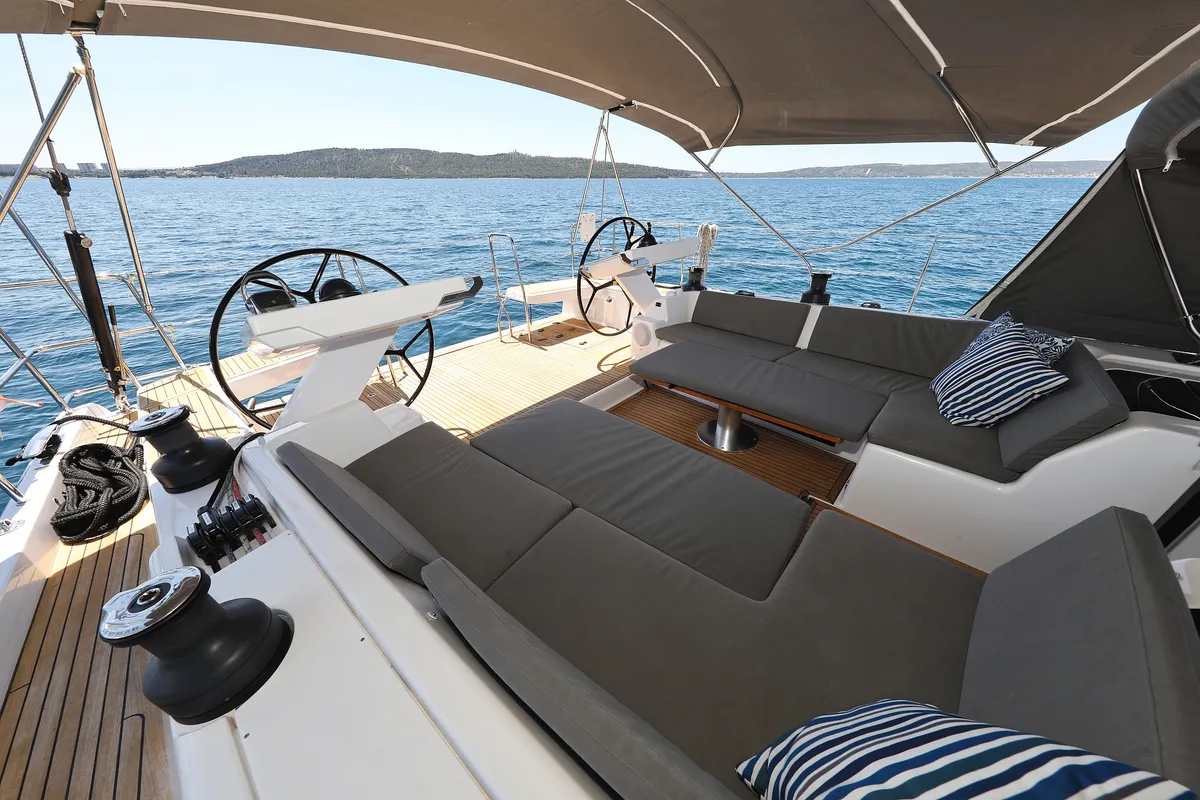 Cockpit of Hot Stuff, a Hanse 588 sailboat at Grad Kaštela, Croatia
