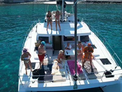 Deck of Migaloo, a Bali 4.6 catamaran at Capo d'Orlando, Italy