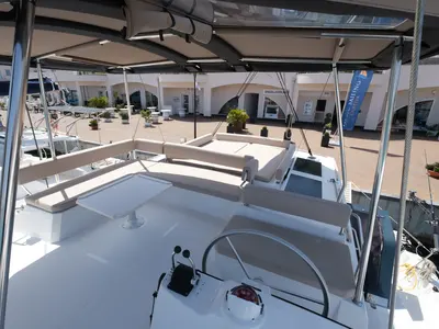 Cockpit of Migaloo, a Bali 4.6 catamaran at Capo d'Orlando, Italy