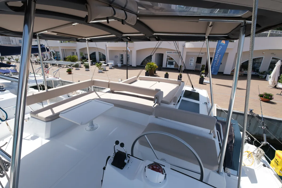 Cockpit of Migaloo, a Bali 4.6 catamaran at Capo d'Orlando, Italy