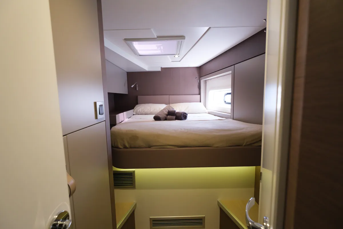 Cabin on Migaloo, a Bali 4.6 catamaran at Capo d'Orlando, Italy