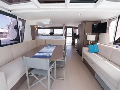 Salon of Migaloo, a Bali 4.6 catamaran at Capo d'Orlando, Italy