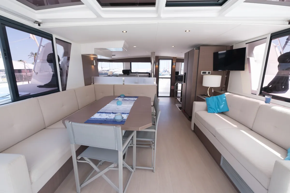 Salon of Migaloo, a Bali 4.6 catamaran at Capo d'Orlando, Italy